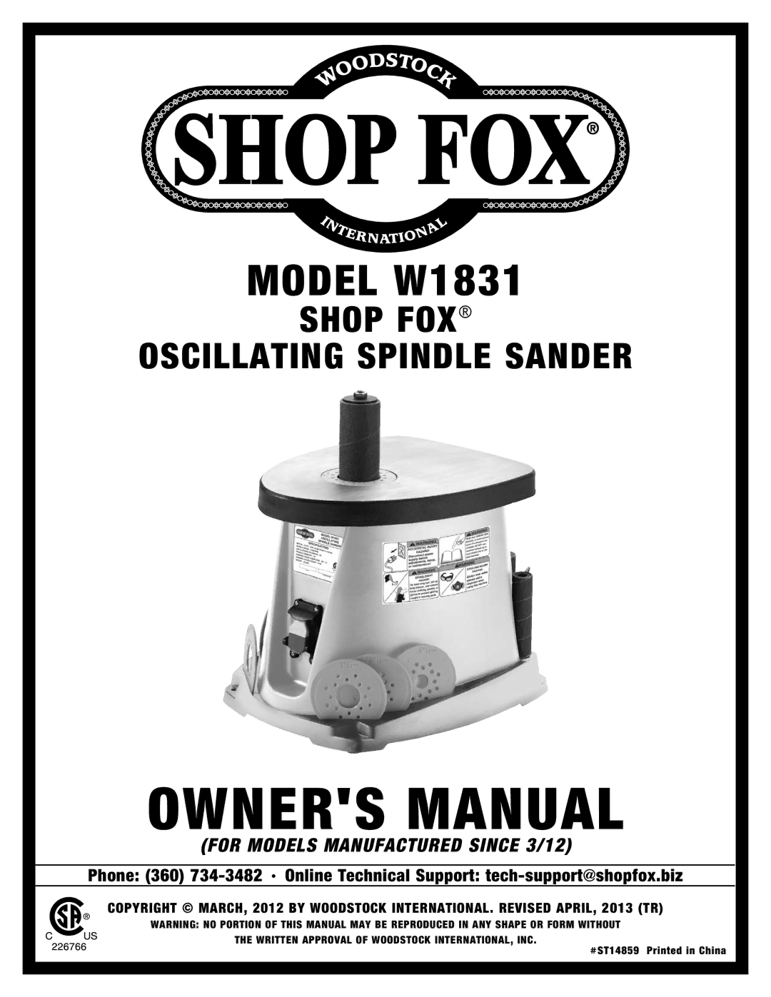 Woodstock W1831 owner manual Owners Manual, Shop FOX Oscillating Spindle Sander 